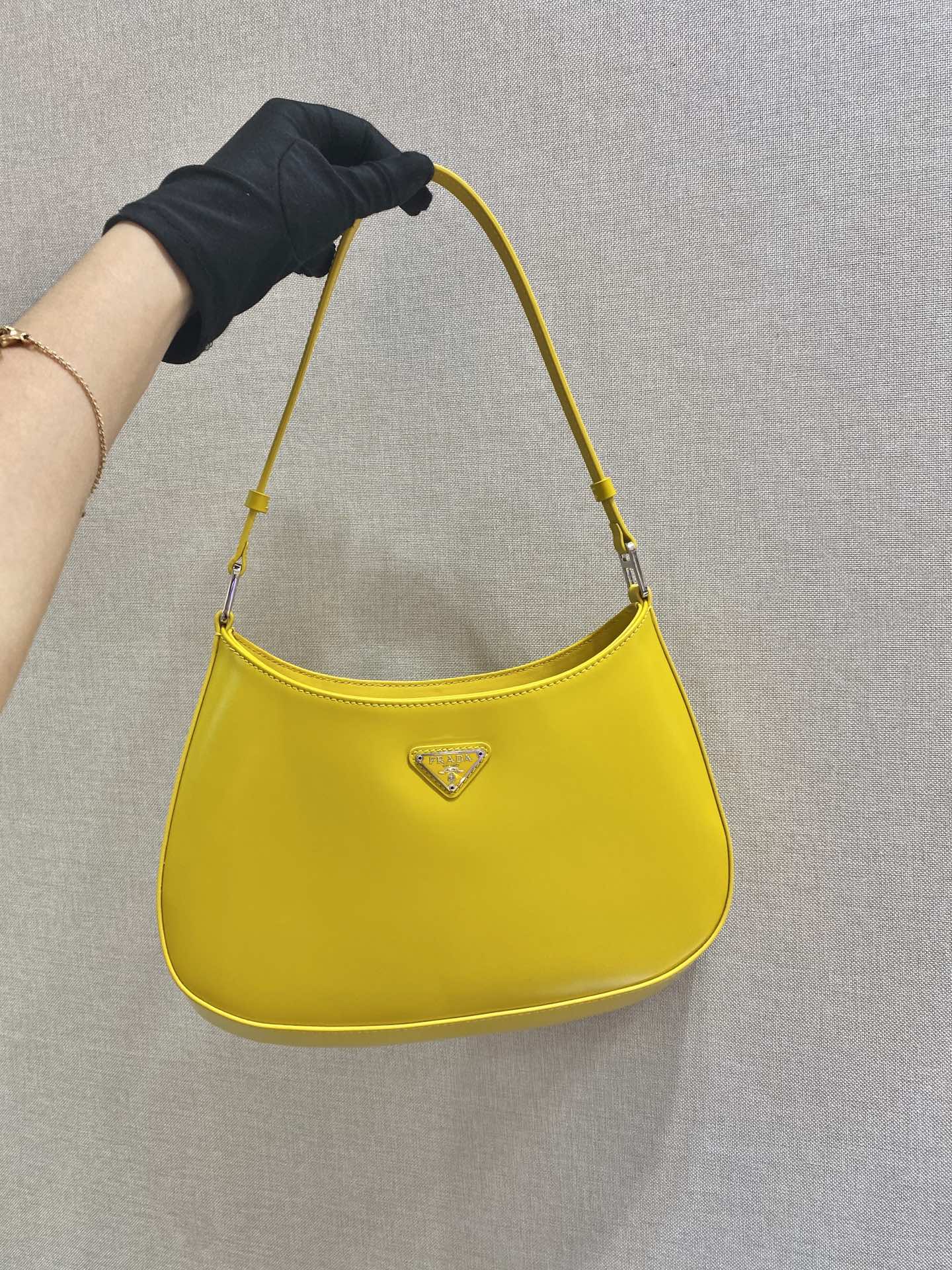 Prada Cleo Brushed Leather Shoulder Bag Lemon Yellow 1BC499